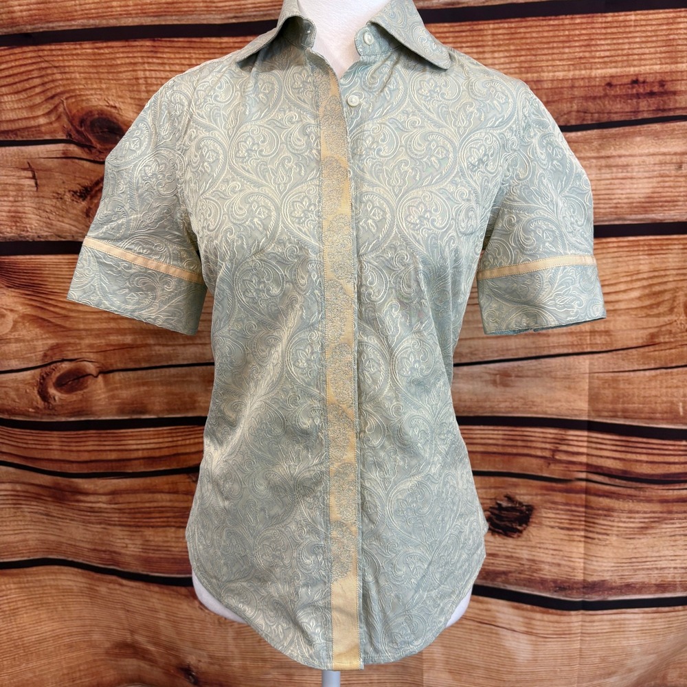 Robert Graham Womens Vintage Aqua Button Down Cap Sleeve Fitted Top Sz XS